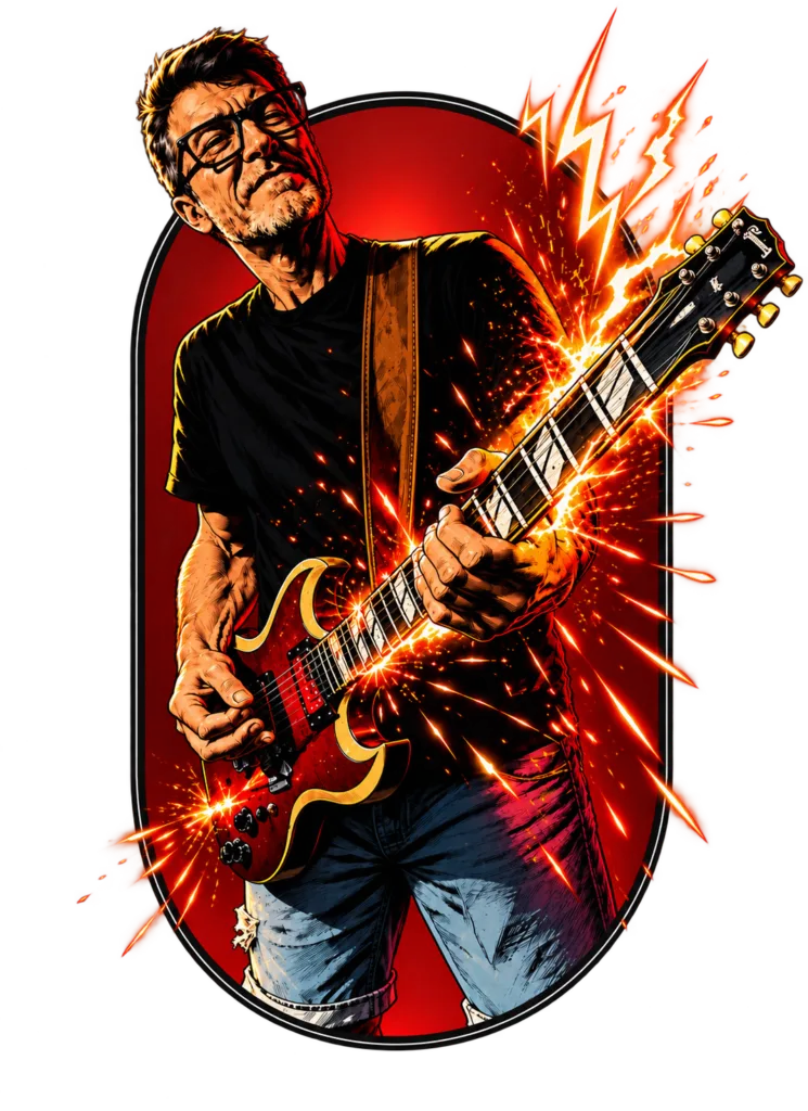 Ilustración de guitarrista de Cometa Diablo tocando con chispas de energía, fondo transparente